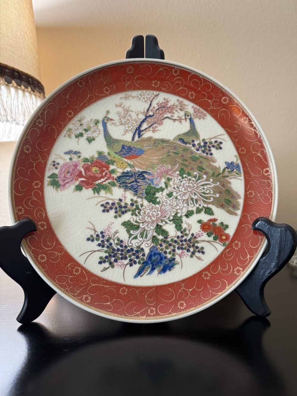 Satsuma Peacock/Floral Porcelain Display Plate with Orange Trim - Made in Japan